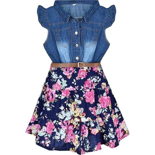 Little Girls Princess Denim Dress Floral Swing Ruffle dress with Belt Girls Casual Summer Clothes One-Piece Dress For Girls