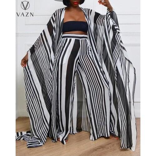 VAZN 2021 Autumn High-end Striped Plus Size Chiffon Free Holiday Full Sleeve X-Long Cloth Long Wide Leg Pant Women 2 Piece Set