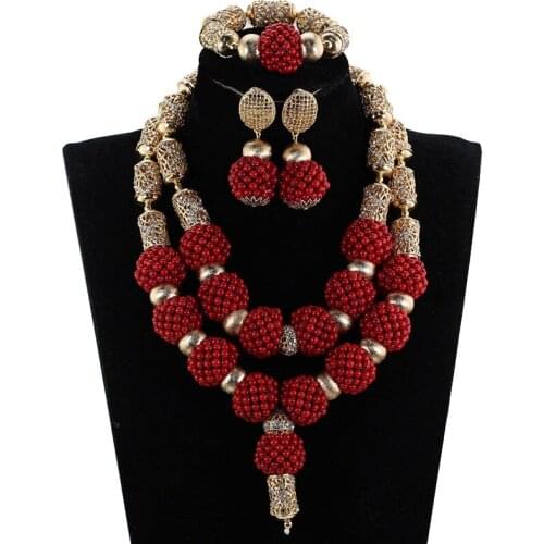 Fantastic Wine Red African Coral Wedding Beads Pendant Necklace Set Burgundy Gold Dubai Women Costume Jewelry Set CNR538