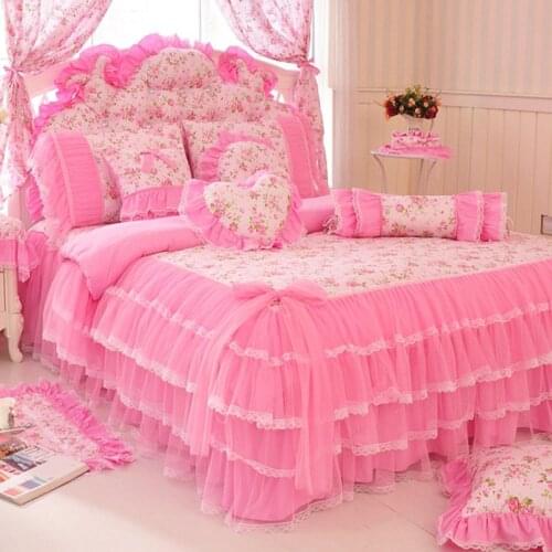 Korean Style Pink Lace Bedspread Bedding Set King Queen 4/6/8pcs Princess Duvet Cover Bed Skirts Bedclothes Cotton Home Textile