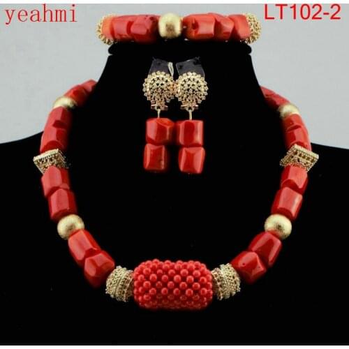 Coral Beads Statement Necklace Set Chunky Bib Beads African Jewelry Fashion Real Coral Necklace Set Dubai Free Shipping LT102