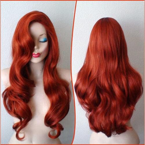 Halloween RED Long Wavy Synthetic Rabbit Cosplay Wig Copper Red With Big Swap Bangs Drag Queen Wig Little mermaid Hair