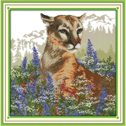 The Leopard with Flowers Cross Stitch Kits Patterns Printed Canvas 11CT 14CT Printing Stamped Fabric Needlework Embroidery Sets