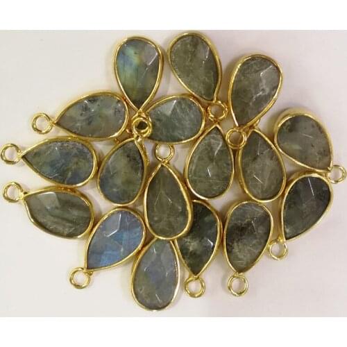 Wholesale 12pcs Natural Shimmer stone small water drop Connector Charms spectrolite Necklace Pendant gold for Bracelet jewelry