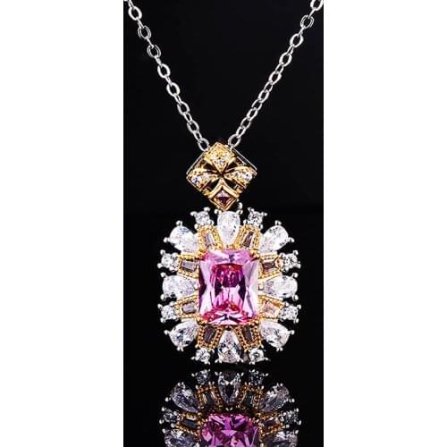 QTT Vintage Fashion Pendant Necklace Womens 925 Silver Luxury Square Yellow Pink Chain Necklaces with Chain Fine Jewelry