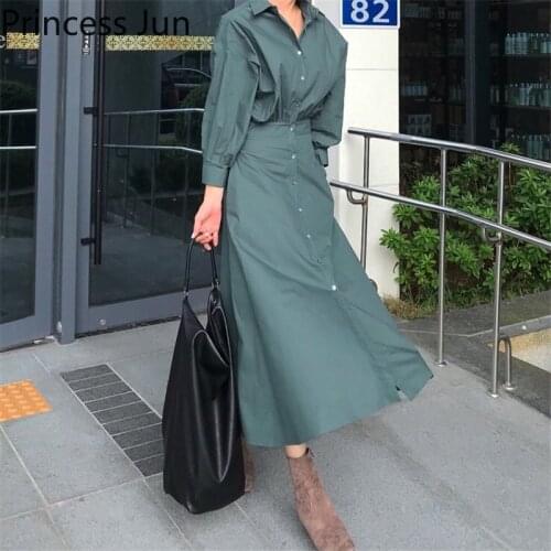 Chic Long Khaki Green Shirt Dress 2021 Spring New Fashion Long Sleeve Slim Waist Dress OL Wear French Retro A Line Midi Dress