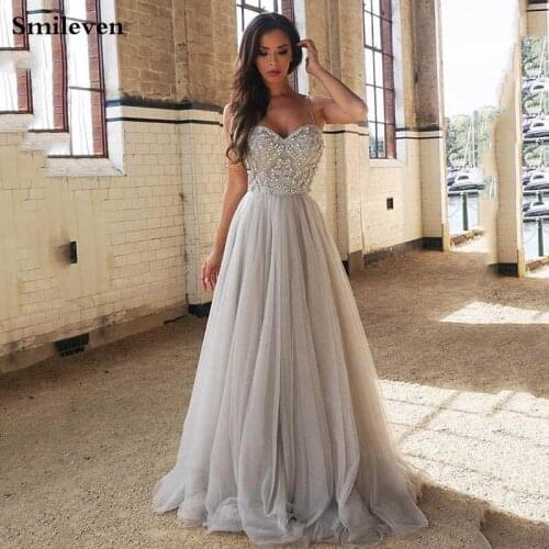 Smileven Sweetheart Neck Evening Gown 2020 A-Line Sexy Beaded Crystal Long Prom Dresses Straps Real Photo vestidos de gala