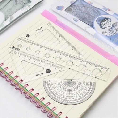 Student 4-piece set standard geometric ruler Triangle ruler Wave straight ruler Thickened and super transparent