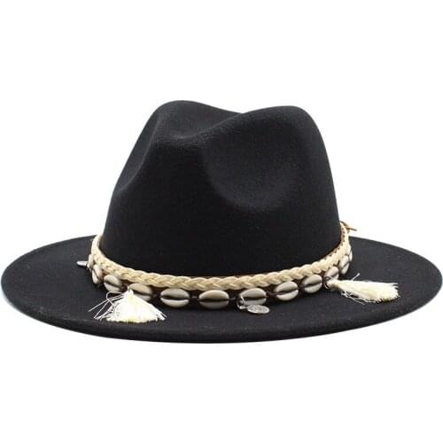 Shell Band Leather Cowboy Hat Jazz Hat Felt Hat Unisex Fedora Hat Black Wide Brim Hat Lady Fashion Cap Western Cowboy