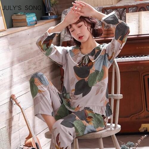 JULYS SONG Comfort 100% Viscose Women Pajamas Casual Spring Summer Leaves Printed Long Sleeve Nightwear LadiesFemale Pyjamas