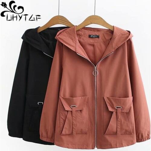 UHYTGF Hooded windbreaker women 2020 zipper loose casual spring autumn trench coat female elegant girl 5XL plus size coats 1507