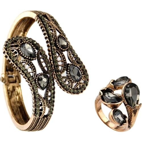 Sunspicems Vintage Boho Turk Bracelet With Ring For Women Gray Crystal Bangle Retro Gold Color Indian Jewelry Sets Bijoux Femme