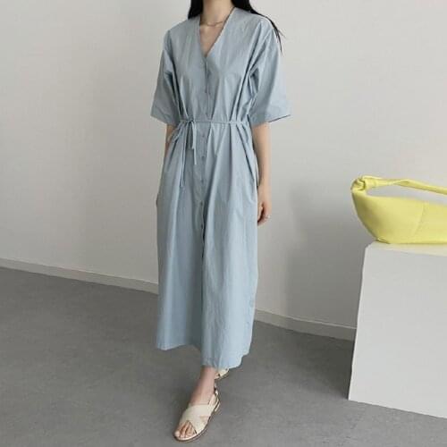 Johnature Summer New Korean V-neck Tie Dresses 2021 Casual Solid Color Loose Single-breasted Pockets Women Dress