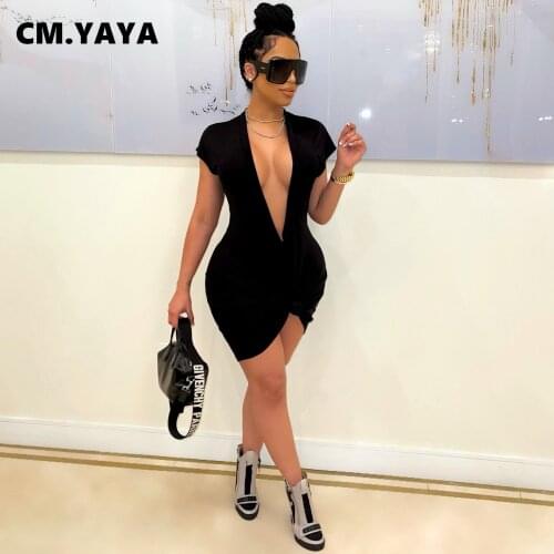 CM.YAYA Women Dress Solid Short Sleeve Low V-neck Stretchy Bodycon Dresses Sexy Night Club Bar Party Dresses Summer Outfits 2021