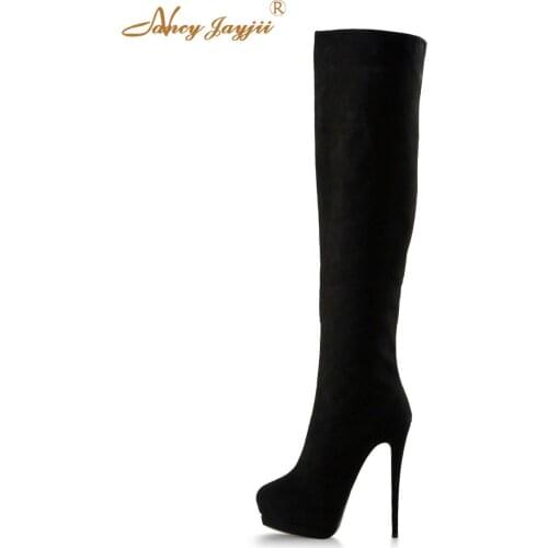 Enchanting Black Flock Womens Knee High Platform Autumn Boots With Stiletto Heel And Zip Size 17 Womens Shoes Nancyjayjii