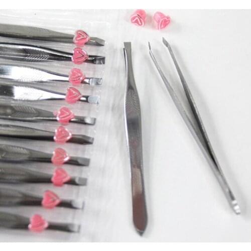12pcs Hair Removal Tweezers Stainless Steel Eyebrow Tweezers Pink Slanted Black Tip Point Face Harmless Makeup Beauty Tool