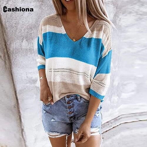2020 Fashion Pullovers Women Summer Casual Loose Sweater Patchwork Long Sleeve V-neck Leisure Knitted Sweaters Autumn Clothes