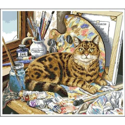 Free Delivery Top Quality Lovely Counted Cross Stitch Kit Cat Kitty Feline Painter Artist Drawer dimensions