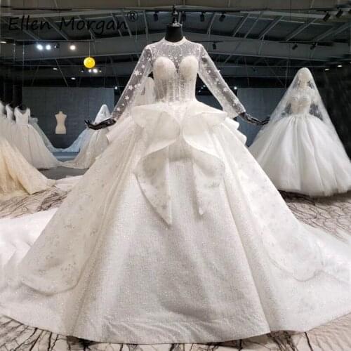 Glitter Long Sleeves Ball Gowns Wedding Dresses 2020 West Cotntries Puffy Princess See Through Lace up Backless Bridal Gowns