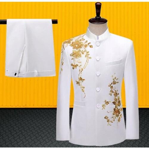 Sequins blazer men suits applique jacket mens stage costumes for singers clothes white stand collar star style dress b563