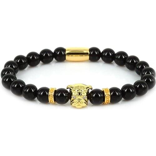 Lucky Gem 8mm Black Stone Bead Bracelet Men Rose Gold Bulldog Charm Bracelet Mantra Prayer Lion Skull Buddha Bracelet