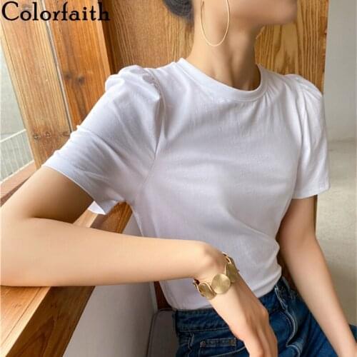 Colorfaith New 2020 Summer Women T-shirts Solid Multi Colors Casual Bottoming Puff Sleeve Wild Vintage Fashion Short Tops T1038