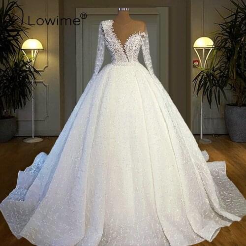 Dubai Puffy Ball Gown Long Sleeves Wedding Dresses 2021 Robe De Soirée De Mariage Pearls Lace Bridal Gowns Plus Size