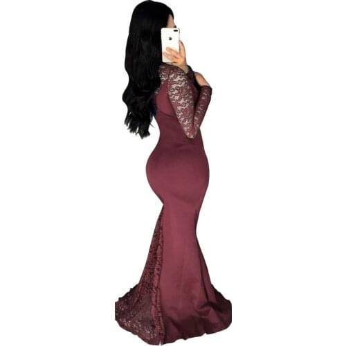 European American C Lace Patchwork Fishtail Floor-Length Dress Women Sheath Formal Party Dress Lady Blue Full Sleeve Dresses