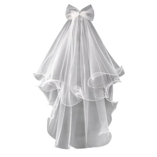 2 Tier Wedding Veil with Comb for Girls Communion Veil Bow Adorned by Rhinestone Short Length Curly Edge Tulle Veil
