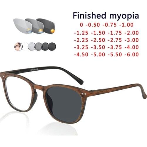 Photochromic Gray Sunglasses For Myopia SPH 0 -0.5 -0.75 To -6.0 Women Men Wood Grain Frame Nearsighted Prescription Glasses