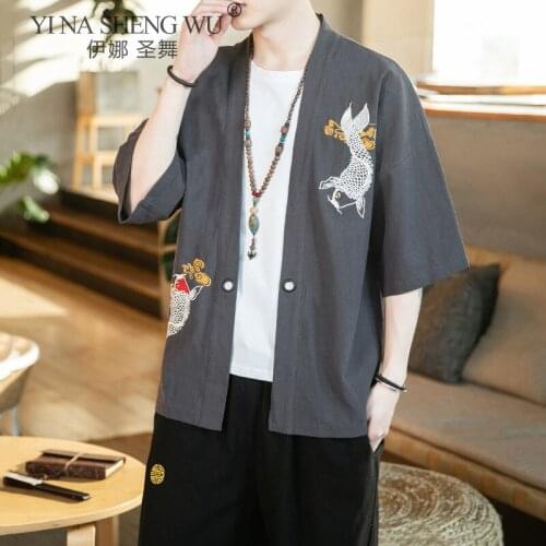 Kimono Japanese Costume Men Coat Harajuku Style Tops Japan Haori Cardigan Traditional Jacket Fish Embroidery Shirt Yukata Coats