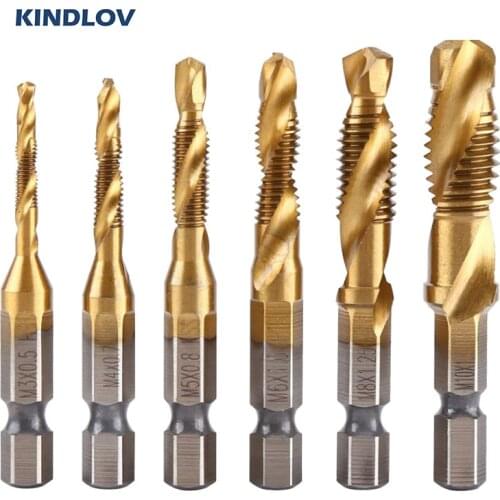 KINDLOV Hex Shank Titanium Steel Plated Drill Bits Set 6Pcs HSS Screw Thread Tap Composite Screw Bit Machine Repair Hand Tools