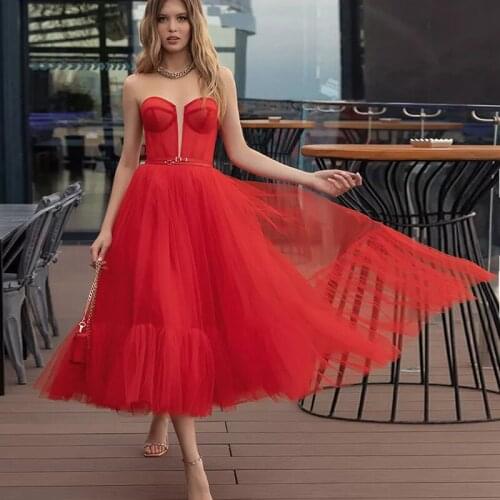 Red Sweetheart Homecoming Dresses Zipper Back Tea Length Vestidos De Cocktail Tulle Dress A Line Short Prom Gowns Graduation