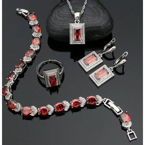 925 Sterling Silver Jewelry Set Square Garnet Earrings Adjustable Ring Pendant Bracelet Chain for Girls Prom Accessories