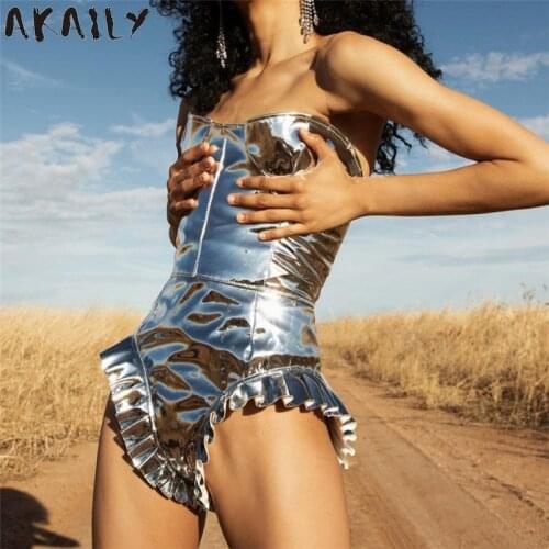 Akaily Summer Sexy Skinny Strapless Backless PU Leather Bodysuit Women Solid Ruffles Short Jumpsuit Female Clubwear Outfit 2021