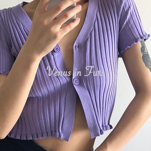 Fashion Women Ctop Sweater New Summer Short Sleeve Sexy V Neck Single Breasted Short Knit Tops Woman Cardigan