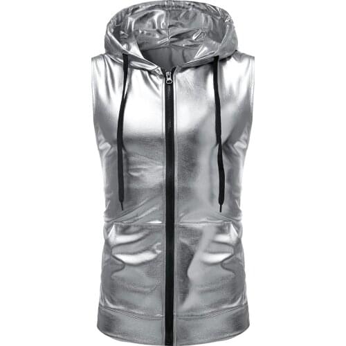 Hooded T Shirt Men 2018 Shiny Silver Metallic Zipper Night Club Tshirt Men Casual Harajuku Streetwear Tee Shirt Homme Camiseta