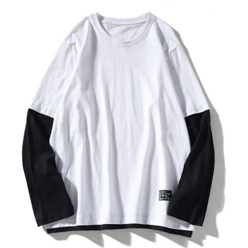 Men T-Shirts Long Sleeve Round Neck Stylish Fake Two Pieces Tops Color Block Loose Casual Korean Style Tees Spring Autumn