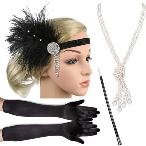 1920s Great Gatsby Party Costume Accessories Set 20s Flapper Feather Headband Pearl Necklace Gloves Cigarette Holder 4 Pcs Set