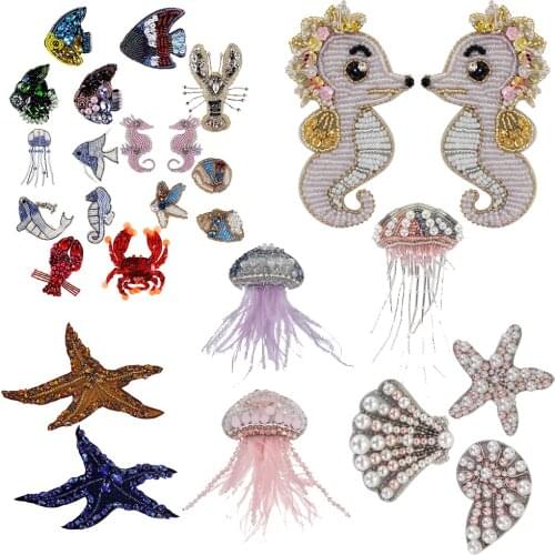 Bead Jellyfish Whale Fish Sea Shell Sea Horse Lobster Crab Patches for Clothing DIY Sew on Rhinestone Sequin Handmade Embroidery