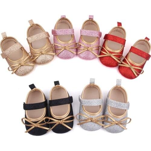 New Spring Autumn Baby Girls Shoes Glitter Princess PU Leather Baby Shoes edging Infant Soft Sole Toddler Bowknot Crib Shoes