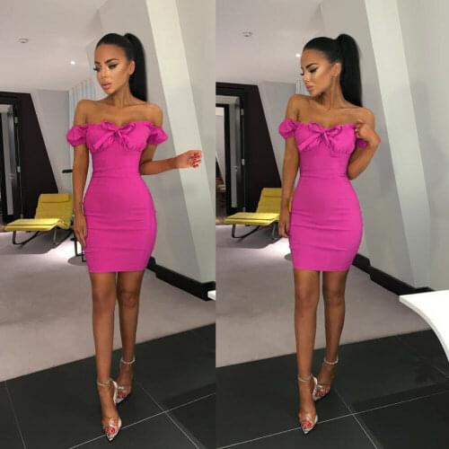 2019 Newest Hot Summer Sexy Womens Off Shoulder Sleeveless Slim Fit Dress Bow Bandage Bodycon Evening Party Club Mini Dress