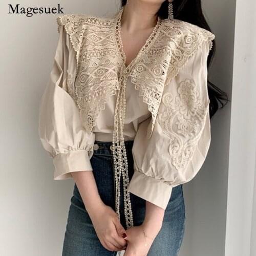 New V Neck Bow Tie Lace Women Tops Korean Spring Embroidery Solid Blouse Puff Sleeve Lace Stitching Wide Loose Short Shirt 13689