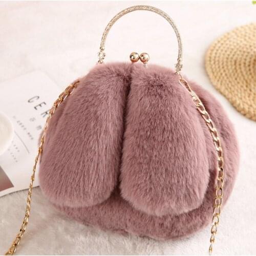 Faux Fur Rabbit Ears Plush Kawaii Round Bag Shoulder Crossbody Bags Women Chain Messenger bag Fashion Ladies Solid Furry Handbag