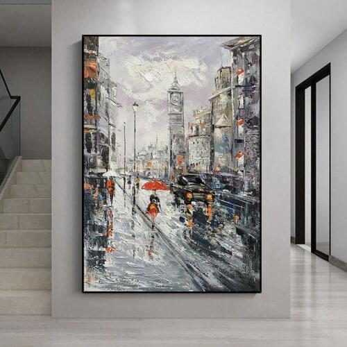 Scenery Art Hand Painted Street Night Knife Oil Painting Art Canvas Wall Art People Abstract Paintings Art For Living Room