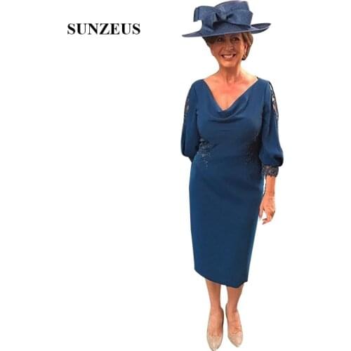 Sheath Elegant Mother Dinner Gown V-neck Three Quarter Sleeves Mother Of The Bride Dress With Appliques Tea Length Formal Dress