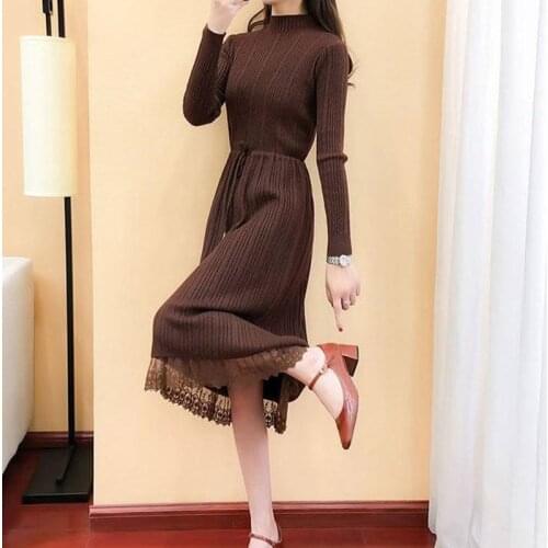 Timis Li Turtleneck Sweater Dress Women Lace Knitted Long Dress Female Knitwear Full Sleeve Soft Vestidos high quality Dresses