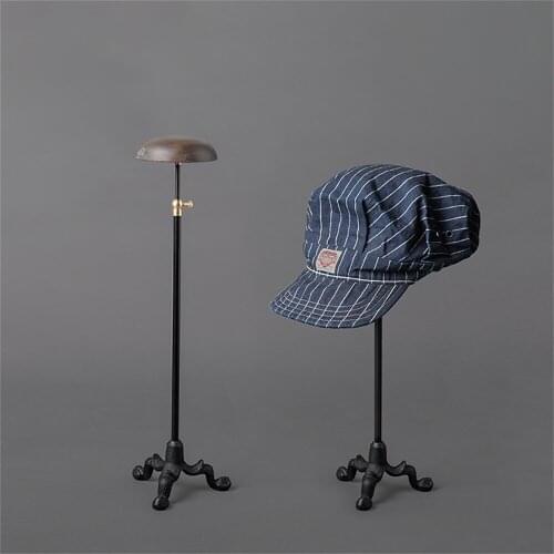 Handmade Solid Wood Tray Vintage Old Hat Holder Industrial Style Metal Landing Floor Base Height Adjustable Cap Rack Wig Display