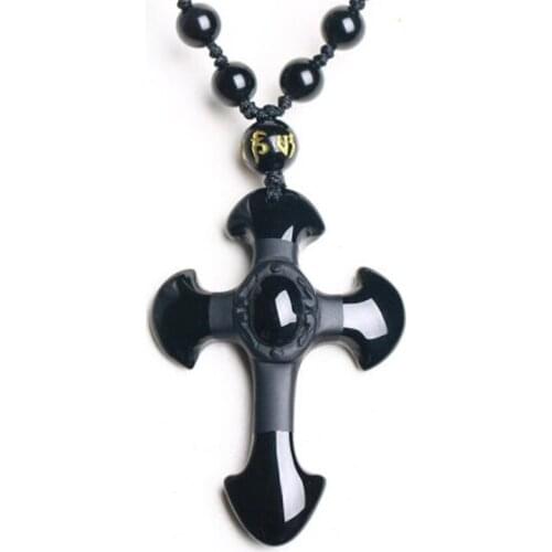 Drop Shipping Natural Black Obsidian Carved Cross Lucky pendant free beads necklace for woman man Hand carved Pendants Jewelry