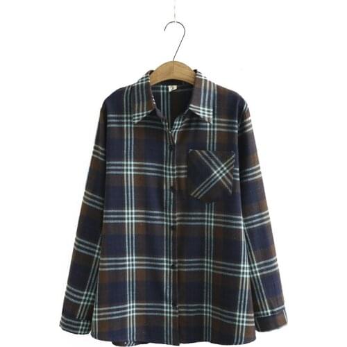 Plus Size XL-4XL Womens A-line Long Sleeved Plaid Blouse Vintage Turn-down Collar Vintage Ladies' OL Tops